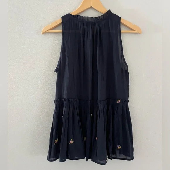 LOFT Dark Blue & Floral Embroidered Sleeveless Sheer Blouse - Picture 2 of 6